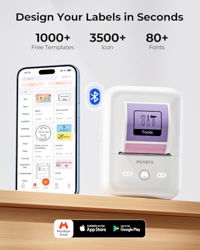 MUNBYN Portable Label Maker Machine with Tape，Bluetooth Thermal Printer with 1-Second Connect,Compatible with 0.78-2 Inch Labels, 11H Battery for Small Business, Home, Office Organization (White) - Thumbnail 2