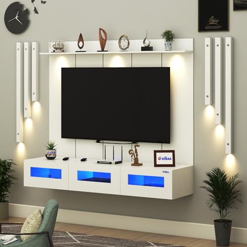 Image of Anikaa RayzaPro Engineered Wood Wall Mount TV Unit with PVC Back Panel, Acrylic Blue LED Storage Box, Side Wooden Accent Spot Light Panels I Deal for Up to 50 Inch TV (White - DIY Installation)