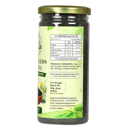 Image of SoulSustain Basil Seeds Sabja Seeds 250 Gram for Drinks Falooda Detox Fiber Rich Tukmaria Seeds for Digestion Cooling Summer Drink Ingredient Natural Sweet Basil Seeds for Soaking Beverages.