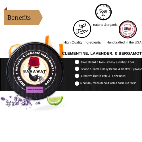 Bahawat Beard Balm Clementine & Lavender - Styles, Strengthens & Softens Beards - Natural & Organic Conditioner - Zero Grit Balm- Reduces Beard Itch, 2 Ounce #TOP4