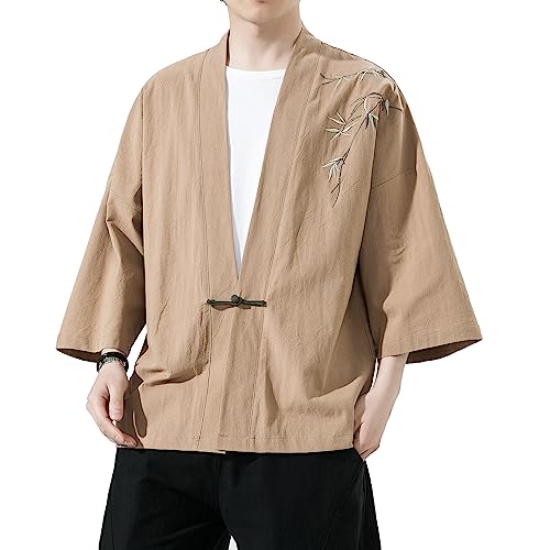 Image of Mens Kimono Cardigan Cotton Linen Japanese Shirt 3 /4 Sleeve Haori Yukata | Skin-Friendly Solid Color Lightweight Shawl Collar Kimono Robe Embroidery Button Tie Pockets Happi Coat All Season Daily Wear