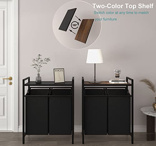 Laatooree Double Laundry Hamper With Top Shelf, Two-Color Tall Laundry Basket With 2 Removable Laundry Sorter Bags, Clothes Hamper For Laundry Room, Bedroom - Black Walnut And Black #TOP1
