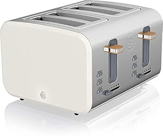 Swan Nordic Wide Slot Toaster, 4 Slices, 3 Functions, 6 Browning Levels, Modern Design, Stainless Steel, Wood Effect Handle, Matte White