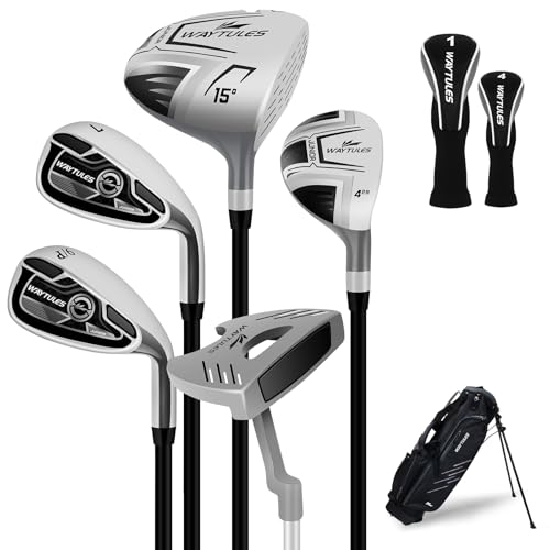 Kids Golf Clubs Set 7 Pieces for Boys & Girls Ages 9-12 Junior Golf Set with Stand Bag Driver Hybrid Irons & Putter Youth Golf Club Set Right Handed(Gray)