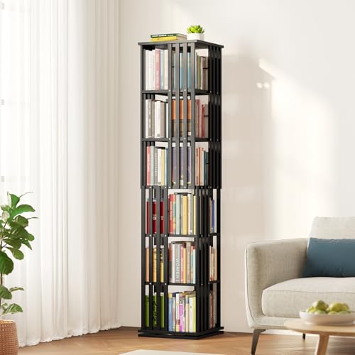 SpaceAid 6 Tier Rotating Bookshelf Tower, Bamboo Spinning Book Shelf, Revolving 360 Bookcase Storage Swivel Round Carousel, Vertical Rotate Turning Spiral Corner Organizer (6-Tier Black)