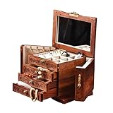 LMMDHUSV Joyero de madera para mujer, organizador de joyas de madera maciza de 4 capas con espejo y cerradura, caja de almacenamiento de joyas vintage para joyas, anillos, aretes, collares, pulseras