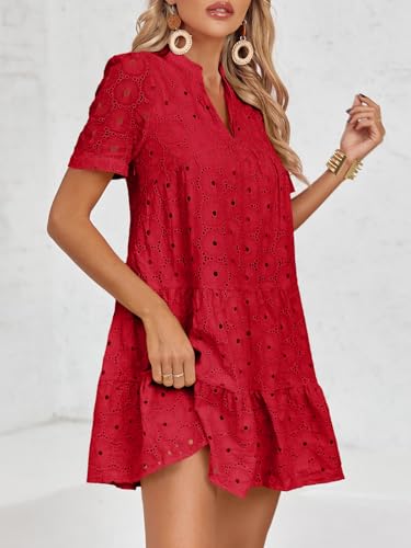 Image of Imily Bela Womens Summer Lace Dresses Eyelet Casual Flowy Babydoll Swing Short Sleeve V Neck Tunic Dress