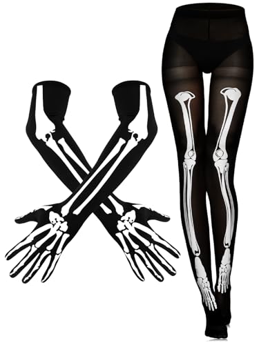Jansun 2 Pairs Halloween Skeleton Costume Skeleton Footed Tights Skeleton Gloves Set Women Horrible Stocking Socks Full Finger Skeleton Long Arm Gloves for Halloween Costume Party Cosplay Black White