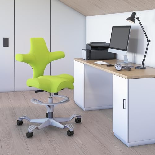 Image of HAG Capisco Sit to Stand Chair-Silver Frame-Upholstered Bright Green-with Foot Ring