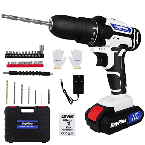 Akku Bohrschrauber Akku-Schlagbohrschrauber 21V, 45Nm Drehmoment, mit 1500mAh Akku, 18+1 Drehmomentstufen, 2 Gang, LED Licht, Bohrschrauber Schlagbohrer mit 1 Akku