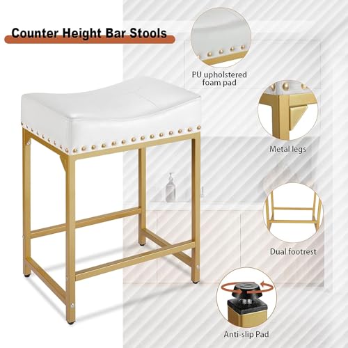 Flyzc 003 Bar Stools Set Of 4 Counter Height, 24 Inch Modern Off White & Gold Counter Stools Set Of 4, Stools For Kitchen Counter, Modern White Barstools Saddle Stool Backless Island Chairs  thumb #6