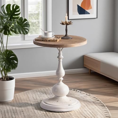YUIlili Round Side Table Living Room, Vintage End Table, French Country Round Table with Cedar Wood Accent Table for Bedroom, Entryway, Home Decor White