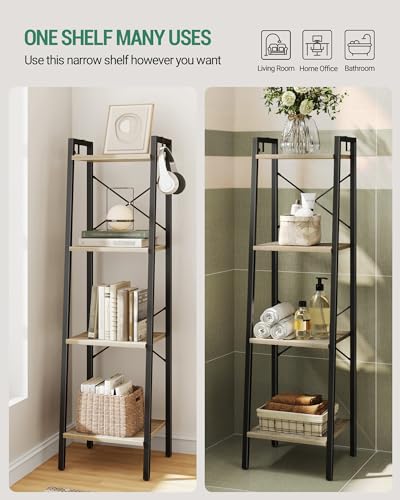 Image of Hzuaneri 4-Tier Ladder Shelf, Narrow Bookshelf, Corner Storage Shelves, Freestanding Bookcase with 2 Hooks for Home Office, Living Room, Kitchen, Bedroom, Industrial, Greige and Black BC13205B