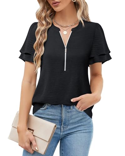 Gaharu Womens Dressy Casual Shirts Ruffle Short Sleeve Zipper V Neck Tops Work Business Office Blouse2
