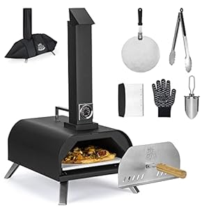 DEERFAMY Outdoor Pizza Oven, Wood Pellet Burning Pizza Oven with Thermometer, Multipurpose Portable Pizza Oven for Backyard, Outdoor Kitchen with Carry Bag, Pizza Stone, Pizza Peel, Pizza Cutter