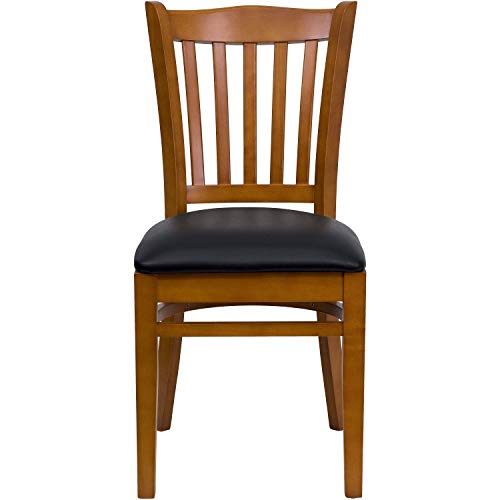 Image of Flash Furniture 4 Pk. HERCULES Series Vertical Slat Back Cherry Wood Restaurant Chair - Black Vinyl Seat | Vertical Slat Back, Wood FrameVinyl Upholstery, Durable Construction, Commercial Use