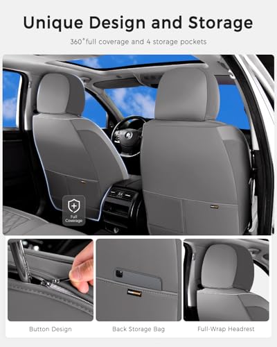 Image of Huidasource Gray Seat Covers Full Set, Seat Covers 5 Seats Waterproof Nappa Leather, Universal Fit for Most Cars,Van,Truck, SUV, Honda Civic Nissan Compass Sentra Focus Explorer(Full Set /Gray)
