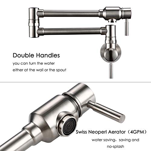 Bagnolux Pot Filler Faucet Wall Mount Commercial Kitchen Faucet Cold Water Only Double Lever Handle With Dual Joint Swing Arm, Brushed Nickel #TOP3