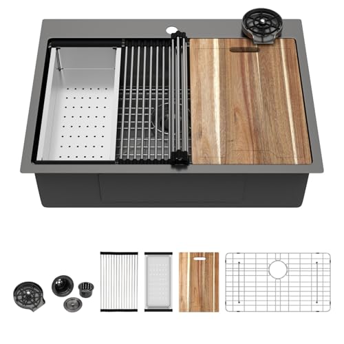 Image of 30 Black Kitchen Sink Drop In - Kichae 30 x 22 Drop In Kitchen Sink Workstation Gunmetal Black Nano Coating 304 Stainless Steel 16 Gauge with Glass Rinser & Cutting Board