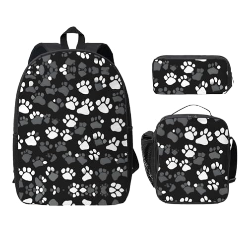 Sac à dos motif pattes pour l'école avec lunch box et trousse noire