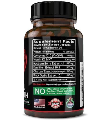 Eternal Health Heart Health Supplement for Heart, Blood Circulation & Flow with CoQ10, Vitamin K2 MK7, Black Garlic, Hawthorn, Olive Leaf & Dan Shen - Vitamins & Herbs 60 Caps - Image 3