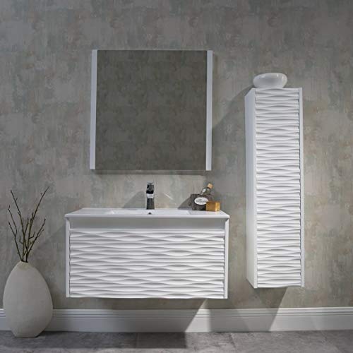 Blossom 36 Inch White Bathroom Vanity With Sink, All Wood Floating Bathroom Vanity With Sink 36 Inch, Mirror, 12 Inch Side Cabinet #TOP2