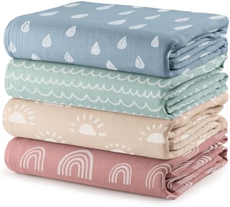 Comfy Cubs Muslin Swaddle Blankets Pack of 4 - Sun, Rainbow, Rain, Doodle