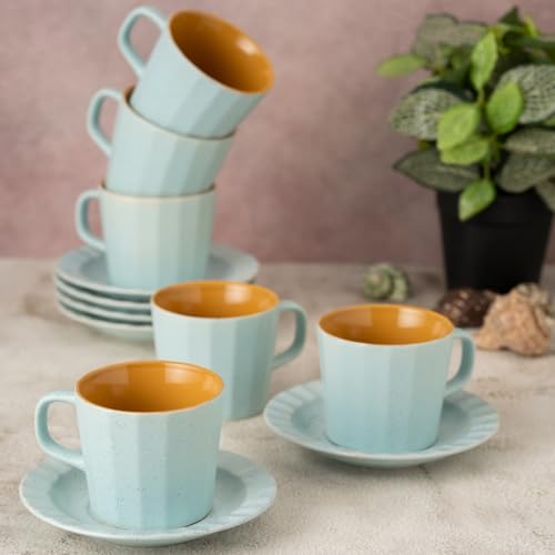 Image of Clay Craft Fine Ceramic Armada Blue & Yellow Cups & Saucer, Set of 12, Cups for Tea & Coffee, Gift Set, Elegant Design for Home and Kitchen and Can Be Gifted to Your Loved Ones On Any Occassions