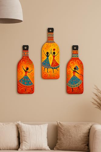 Image of GENXTRA Warli Art Dancing Girls Wooden Wall Hanging for Home Decor | Decoration Items for Home | Art Item for Office | Decorative Mdf Wall Hanging (BH3-04)