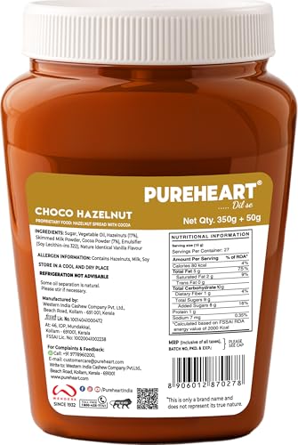 Image of PUREHEART Nut Spread Choco Hazelnut (350 +50 gm Extra) - Nutty, Smooth and Creamy Chocolate Hazelnut Spread for Breakfast - No. 1 Exporter of Roasted Nuts