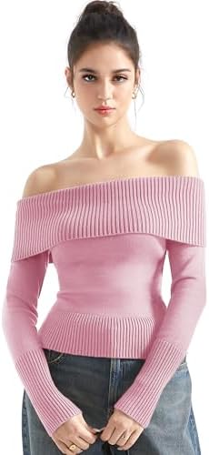 SUUKSESS Women Off Shoulder Sweaters Long Sleeve Ribbed Knit Fall Tops