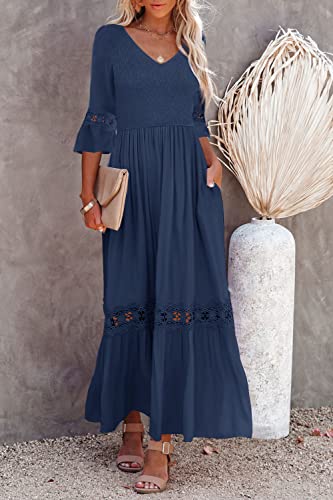 Ferlema Womens Casual 3/4 Sleeve V Neck Plain Bell Sleeve Maxi Dress Boho Tshirt Maxi Dress With Pockets Navy Blue Small #TOP1
