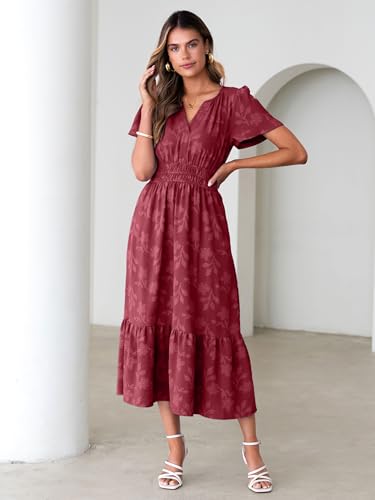 Image of Simplee Womens Summer Boho Maxi Dress Semi Formal Wedding Guest Short Sleeve V Neck Empire Waist Floral Long Dresses