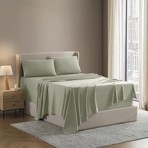 Image of Nestl Split King Bed Sheet Set - Light Green - 5-Piece Deep Pocket | Instantly Soft, Night-One Ready (No Wash Required). Fits 16-Inch Deep Pockets, 360-Degree Elastic Grip