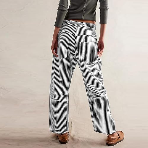 Patchwork Striped Pants Women Baggy Horseshoe Tie Waist Jeans Trendy Barrel Jeans Vintage Wide Leg Denim Pants4