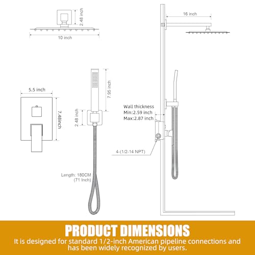 Grifo de ducha moderno con sistema de ducha lluvia de 10 pulgadas y combinación de ducha de mano, accesorios de ducha de 2 funciones con kit de revestimiento, dorado cepillado miniatura 5
