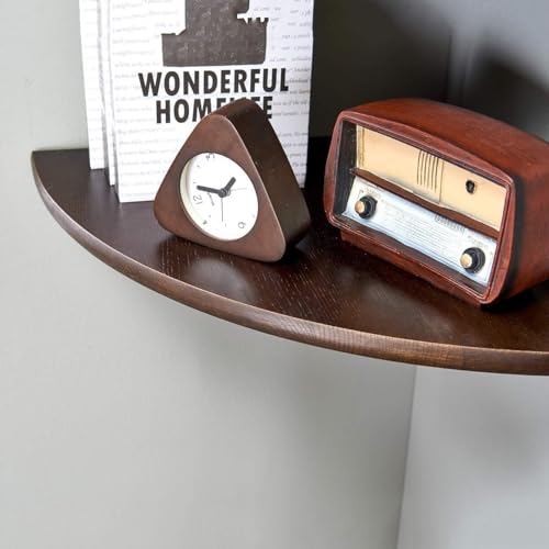 Image of Corner Shelf, Solid Oak Wood Floating Corner Shelf Wall Mount Round End Floating Speaker with Wire Hole for Small Plant Photo for Bedroom Kitchen, Living Room Walnut