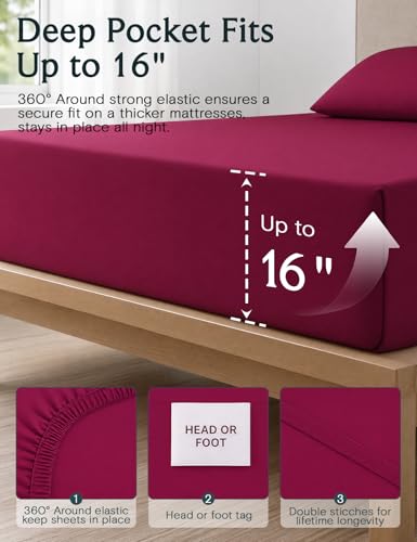 Image of LuxClub 4 PC King Sheet Set, Deep Pockets Wrinkle Free Cooling Bed Sheets Hotel Bedding for Women, Men, Includes 1 Fitted Sheet, 1 Flat Sheet and 2 Pillowcases-Burgundy