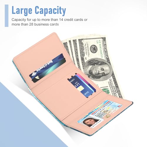 Image of Rouidr Womens Wallet, Small Slim RFID Card Wallets for Women, Cute Front Pocket Trifold Leather Card Organizer with 7 Slots & ID Window, Cyan Marble