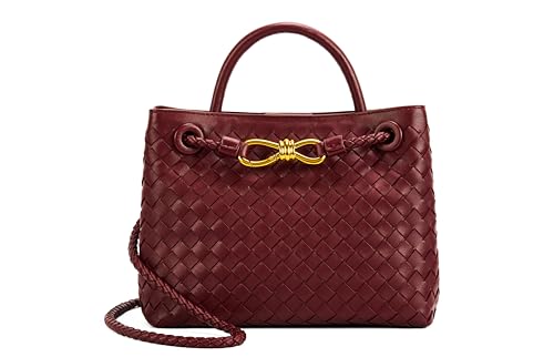 Woven Tote Bag for Women Leather Shoulder Handbag Designer Top Handle Purses(Burgundy)