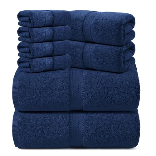 REDKISS 8 Piece Cotton Towel Sets for Bathroom - 2 Oversized Bath Sheets (35x70 in) 2 Hand 4 Washcloth Super Soft Quick Dry Highly Absorbent Bath Towel Set for Home Gym Dorm Spa - Navy Blue