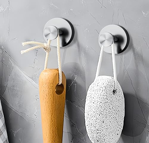LECHI Suction Cup Hooks, Stainless Steel Waterproof Suction Cup Hooks,No Drill Towel Hooks for Bathroom Wall,Kitchen,Glass,Mirror,Tile to Hang Towels,Robes,Loofah-Silver (Sliver*2)