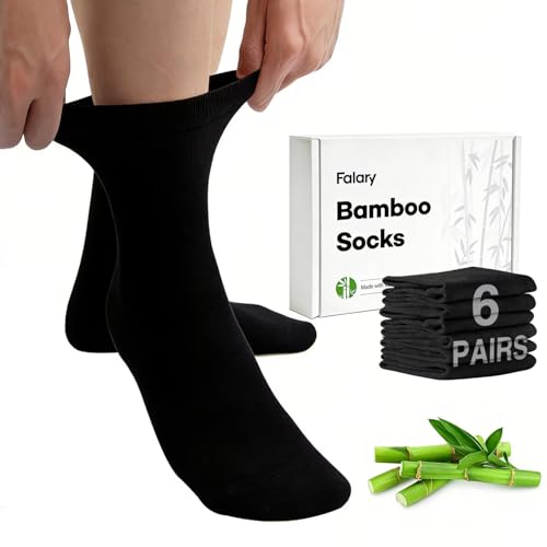 FALARY 6 Pairs Bamboo Diabetic Socks for Men Women Extra Wide Non Elastic Seamless Black Socks for Swollen Feet Loose Soft Top Breathable Comfortable Size 9-12 UK