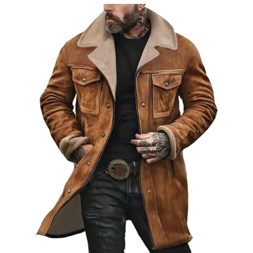 XDFVC Mens Vintage Suede Jacket Western Cowboy Plush Collar Coats Faux Leather Winter Warm Jackets Casual Fashion Overcoats