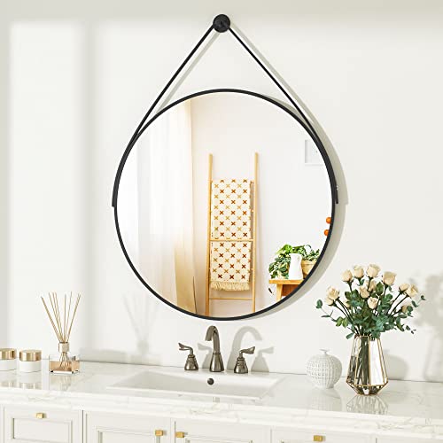 Xramfy 16" Black Round Hanging Mirror With Leather Strap For Wall Circle Mirror With Wall Mounted For Entryway Washroom Makeup Vanity Dressing Living Room Bedroom #TOP7