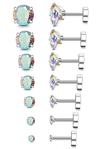 Fansilver 20G Hypoallergenic Flat Back Earrings for Women Men Silver 14K Gold Stainless Steel Stud Earrings Brithstone Cubic Zirconia Studs Surgical Steel Cartilage Earrings for Sensitive Ears