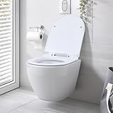 Wand WC Spülrandlos Hängend mit Softclose Sitz, Hänge WC Keramik 4L 360 Grad Wirbelspülung, Tiefspüler mit Absenkautomatik, platzsparende wandhängende Toilette 52,5 x 36 x 35 cm, 300 kg (Weiß)