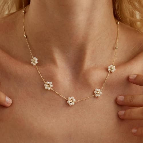 Daisy Pearl Necklace, 14-18 inches Dainty Pearl Choker Necklaces for Women 14K Gold/Silver Flower Necklace Birthday Gifts for Her Pearl Jewelry3