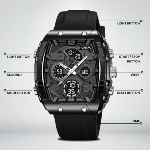 Image of V2A Impact-AXON 3103 Analog-Digital Watch for Men | Unique Tonneau Case & Multi-Layered Dial Design | Bold Fashion Performance Watch with 3 Time Zones, Countdown, 50M Water Resistance & Backlight