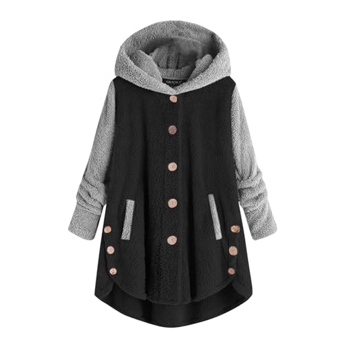 Women Fleece Hood Coat Buttons Sherpa Jackets Long Sleeve Fluffy Coat Fall Winter Plus Size Coats Outwear